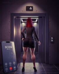 3d avengers black_widow_(marvel) boss business_suit business_woman electrotoyy elevator female female_only formal formal_wear fully_clothed high_heels marvel marvel_cinematic_universe marvel_comics natasha_romanoff office_clothing office_lady phone_call red_hair skirt solo suit waiting