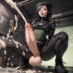 1futa ai_generated balls beanie big_penis bodysuit boots cum cumming dickgirl dokkaebi_(rainbow_six) ejaculation futa_only futanari glasses hands-free handsfree_ejaculation huge_cock hyper_penis latex_suit massive_penis penis puffyart rainbow_six rainbow_six_siege saggy_balls short_hair solo solo_futa squatting tactical_gear