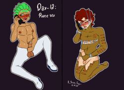 2023 2boys _solar_sky_ blush cellphone cioccolata digital_media_(artwork) drooling fair-skinned_male fair_skin gay green_eyes green_hair jojo's_bizarre_adventure kinktober light-skinned_male light_skin male_focus male_only masturbating masturbation open_mouth page_12 partially_clothed phone phone_sex purple_eyes red_hair secco simple_background sweat yaoi