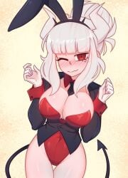 blush bunnysuit demon embarrassed gloves helltaker helltaker_(series) horns large_breasts looking_at_viewer lucifer_(helltaker) red_eyes spiked_tail white_hair winking xyroni