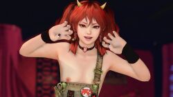 3d breasts choker dead_or_alive dead_or_alive_xtreme_venus_vacation green_eyes horn kanna_(dead_or_alive) nail_polish nipples overalls red_hair twintails