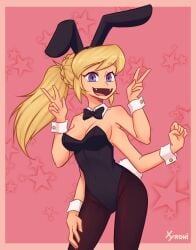 4_arms blonde_hair blue_eyes bowtie bunny_suit fangs long_hair looking_at_viewer multi_arm multi_limb nelly peace_sign xyroni