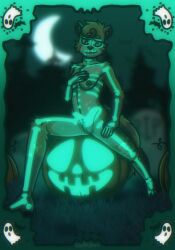 anthro bone breasts digital_media_(artwork) female food fruit fur genitals ghost glowing glowing_markings hair halloween hi_res holidays ile jack-o'-lantern looking_at_viewer mammal markings moon multicolored_body multicolored_fur nipples nude outside plant procyonid pumpkin pussy raccoon ray_(solarlewds) skeleton sky smile solarlewds solo spirit spread_legs spreading tail