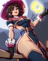 1girls 2d 2d_(artwork) 2d_artwork belt belt_buckle blushypixy blushyspicy broom broom_riding brown_belt brown_eyes brown_hair curvaceous curvy curvy_female curvy_figure curvy_hips drawn facing_viewer full_moon gloves human kiriko_(overwatch) kiriko_kamori looking_at_viewer magic night no_panties outdoors overwatch overwatch_2 pale_skin revealing_clothes short_sleeves side_saddle_position small_breasts solo tabard test_tube thick_thighs thigh_boots url utility_belt witch witch_costume witch_hat witch_kiriko