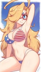 american_flag_bikini bikini blonde_hair blue_eyes facemask kamen_america kamen_america_(character) kamen_america_(series) large_breasts looking_at_viewer masked_female sky_background swimsuit xyroni