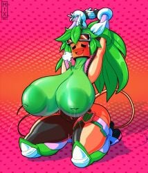 1girls armpits arms_up blaster_master blaster_master_zero blaster_master_zero_2 blush breast_expansion breasts breasts_out cleavage collarbone colored_nipples colored_skin flower green_nipples green_skin huge_breasts inverted_nipples kanna_(blaster_master) kneeling lactating lactation llmixll looking_at_viewer monster_girl plant_girl plantie solo tail thick_thighs thighs wings zipper