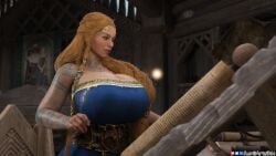 3d big_ass big_breasts blonde_hair blue_eyes female god_of_war god_of_war_ragnarok renilarts3dx sif_(god_of_war) solo_female tattoo