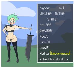 armor blush breasts cleavage embarrassed embarrassing_outfit g-string green_hair revealing revealing_armor revealing_clothes revealing_outfit rpg skimpy skimpy_armor skimpy_clothes skimpy_outfit strawberriexe sword thighhighs unconvincing_armor weapon