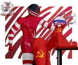 1boy 1girls blush countryhumans countryhumans_girl eyebrows female hammer_and_sickle holding_shoulder luisartz_(artist) male markings muscular muscular_male partners partners_fucking red_body red_skin russia_(countryhumans) scar simple_background tattoo_on_thigh text united_states_of_america_(countryhumans) watermark white_background