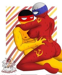 1boy 1girls countryhumans countryhumans_girl female germany_(countryhumans) hammer_and_sickle luisartz_(artist) male questionable_anatomy red_body red_skin rusger russia_(countryhumans) watermark yellow_body yellow_skin