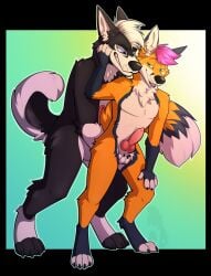 anthro black_body black_fur canid canine canis domestic_dog duo eunuch feeling_up fox fur geneec groping_from_behind hair hand_on_face hi_res husky knot male mammal nordic_sled_dog orange_body orange_fur pink_hair sackless spitz strict_husky white_hair yiffy1234