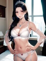 1girls ai_generated ai_mirror bed belly_button black_hair blush brown_eyes curtains drawer earrings hands_on_hips lamp long_hair looking_at_viewer makeup necklace sleeves_past_wrists tiara white_bra white_panties white_skin white_underwear window