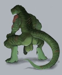 2023 anthro ass balls claws crouching digital_drawing_(artwork) digital_media_(artwork) digitigrade flaccid genitals glans gyfu hi_res humanoid_genitalia humanoid_penis male muscular muscular_anthro muscular_male penis rear_view red_eyes scalie scar simple_background solo tail toe_claws