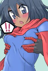 anime_style blush breast_grab breast_squeeze breasts female from_behind grabbing_breasts groped_from_behind groping kamala_khan light-skinned_female marvel miles_morales ms._marvel muslim_female neo_(pixiv) nipples perky_breasts spider-man