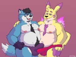 2boys anthro belly belly_hair belly_overhang belly_to_belly blue_body blue_fur body_hair briefs bulge bulge_frottage canid canine canis chest_hair chest_tuft chubby_male clothing colored_fire cookie_(nick-sona) dipstick_ears dipstick_tail duo ear_piercing erect_nipples erection eyewear fan_character fire frottage fur gay generation_1_pokemon glasses head_tuft hi_res inner_ear_fluff male male/male mammal markings moobs multicolored_ears muscular_arms navel nintendo nipples nipples_touching piercing pikachu pokemon pokemon_(species) purple_body purple_fire purple_fur rodraccoon sex sharp_teeth tail tail_markings tan_body tan_fur teeth tuft underwear white_body white_fur wolf yellow_body yellow_fur