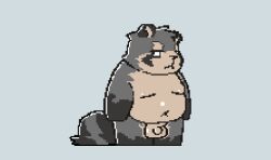 2023 animated anthro balls belly black_body chibi flaccid genitals grey_body hi_res kemono male mammal moobs overweight overweight_male penis procyonid raccoon short_playtime simple_background solo yimingsama young