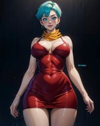 ai_generated big_breasts breasts bulma_(dragon_ball) bulma_briefs cleavage dragon_ball dragon_ball_z dress fr34ky light_blue_hair mature_female stable_diffusion thick_thighs wide_hips