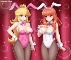 2girls alternate_costume blonde_hair bowtie bowtie_collar breasts bunny_ears bunny_girl bunnysuit celica_(fire_emblem) collar crossover female female_only fire_emblem fire_emblem_echoes:_shadows_of_valentia fully_clothed leotard long_hair looking_at_viewer mario_(series) nintendo pantyhose patdarux pink_leotard princess_peach red_hair revealing_clothes strapless_leotard tight_clothing white_leotard