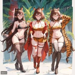 3girls ai_generated animal_print animal_print_bikini animal_print_clothing animal_print_legwear bare_shoulders bikini black_footwear black_legwear breasts brown_hair choker cleavage full_body glasses large_breasts long_hair looking_at_viewer multiple_girls navel pale-skinned_female pale_skin red_rimmed_eyewear shoes short_hair shoulder_length_hair smile stable_diffusion standing stomach thighhighs tiger_print tiger_print_bikini tiger_print_legwear very_long_hair