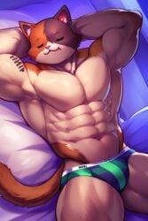 1boy ai_generated anthro bed bedroom blue_fur briefs brown_fur brown_tail bulge calico_cat cat_ears cat_tail catboy detailed detailed_background epic_games felid feline felis fortnite fortnite:_battle_royale laying_on_bed male male_breasts male_only meowscles meowscles_(fortnite) muscular muscular_anthro muscular_arms muscular_male nipples nude nude_male orange_eyes pink_nose sleeping solo solo_focus solo_male stable_diffusion thick_thighs tricolor tricolor_fur underwear video_games white_body white_fur wide_hips