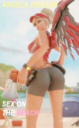 1girls 3d 3d_(artwork) 8k activision alternate_costume angela_ziegler ass beach blender_(software) blizzard_entertainment blonde_hair blonde_hair_female blue_eyes blue_eyes_female butt comic english english_text european european_female female female_focus female_only happy jdv lifeguard_mercy light-skinned_female light_skin mercy overwatch overwatch_2 poster shorts text