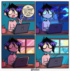 1girls baggy_eyes breasts bunny_symbol comic daytime ear_piercings edit exclamation_mark laptop morning night solo_focus spiked_collar text_bubble time valbun valbun_(oc)