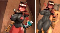 1boy 1girls 3d 3d_(artwork) 4k ass bag big_ass big_breasts bikini bikini_top black_skin breasts comic completely_nude dark-skinned_male dark_skin dispenelope_(diamond_nella) dispenser dispenser_(team_fortress_2) dispenser_lady hair happy happy_face happy_sex helmet huge_ass huge_breasts human humanoid naked nude nude_female red_bikini red_bikini_top red_eyes red_hair robot robot_girl robot_humanoid self_upload sex soldierhunterm source_filmmaker standing standing_sex team_fortress team_fortress_2 thick_thighs valve