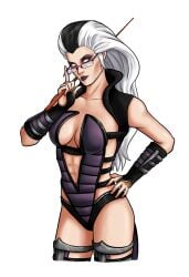 1girls abs big_breasts big_hair cleavage female female_only fully_clothed glasses hand_on_hip holding_object holding_pointer laranico long_hair looking_at_viewer mortal_kombat mortal_kombat_(2011) naughty naughty_smile navel netherrealm_studios pointer pose revealing_clothes sindel sindel_(mk9) solo solo_female two_tone_hair white_and_black_hair