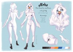 anatid anseriform anserinae anthro avian beak bird black_nipples blue_eyes english_text feathers female hair hi_res holivi long_neck membrane_(anatomy) model_sheet moira_nightingale nails nipples solo swan text webbed_feet white_hair winged_arms wings