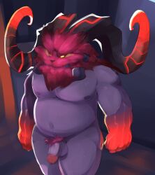 abstract_background anthro balls beard bovid caprine dipstick_limbs facial_hair flaccid genitals glans hair hi_res horn league_of_legends male mammal navel nipples nude ornn penis portrait pubes red_hair smite_(artist) solo standing three-quarter_portrait