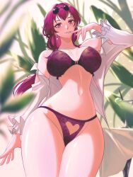 1girls 2023 bare_legs bare_shoulders bare_thighs belly belly_button big_breasts bra curvy curvy_figure ear_piercing fanart female female_only headwear heart_cutout hips honkai:_star_rail honkai_(series) jewelry kafka_(honkai:_star_rail) large_breasts light-skinned_female light_skin long_hair looking_at_viewer opalisart panties purple_eyes purple_hair smile smiling_at_viewer sunglasses sunglasses_on_head thighs voluptuous voluptuous_female