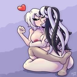 2023 2girls black_hair cheesymint commission embrace faust_(limbus_company) inverted_nipples kissing kokubyaku_no_avesta limbus_company long_hair multiple_girls nadare_(kokubyaku_no_avesta) nipples nude project_moon short_hair simple_background stockings white_hair yuri