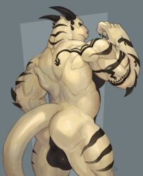 2023 anthro ass balls claws digital_drawing_(artwork) digital_media_(artwork) dragon finger_claws fingers genitals gyfu hi_res horn looking_back male muscular muscular_anthro muscular_male rear_view rithe scalie simple_background solo standing tail tattoo