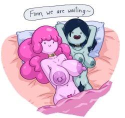 2girls adventure_time armpit_hair arms_behind_head bed black_hair breast_size_difference breasts breasts_bigger_than_head bumpy_areola choker collar daeartes different_breast_sizes excessive_pubic_hair female female_armpit_hair female_focus female_only female_pubic_hair grey_skin hairy_armpits hairy_pussy heart-shaped_pubic_hair huge_areolae huge_breasts implied_threesome jewelry large_areolae large_breasts looking_at_viewer lying lying_on_back lying_on_bed marceline medium_breasts multiple_girls nipples nude nude_female pillow pink_hair pink_nipples pink_skin princess_bubblegum pubic_hair ready_to_fuck short_hair smile smiling smiling_at_viewer speech_bubble waiting