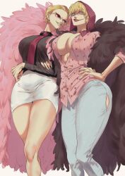 2girls big_breasts blonde_hair canon_genderswap cleavage clown_makeup coif donquixote_doflamingo donquixote_rosinante facepaint feather-trimmed_jacket feather_coat female female_only fully_clothed genderswap_(mtf) hair_slicked_back hand_on_hip hat headwear jacket_on_shoulders lipstick makeup miniskirt momimimiya necktie nipple_bulge no_bra no_eyebrows one_piece pencil_skirt red_lipstick rule_63 short_hair siblings sister sisters sleeves_rolled_up smile sunglasses thick_thighs unbuttoned_shirt very_short_hair wide_hips