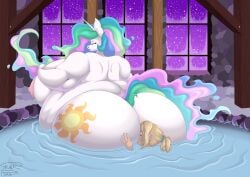 anthro areola ass bbw blonde_hair blue_hair blue_tail breasts closed_eyes cutie_mark equid equine fat female friendship_is_magic fur green_hair green_tail hair hasbro horn human long_hair mammal multicolored_hair multicolored_tail my_little_pony nipples obese obese_anthro obese_female overweight overweight_anthro overweight_female pink_hair pink_tail princess_celestia_(mlp) skunk_bunk tail unicorn water white_body white_fur