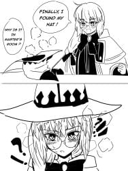 ! 1girls ? artist_request braid cum cum_in_hat cum_in_headwear cum_on_head cum_on_headwear cum_wearing english_text fate/grand_order fate_(series) female female_focus female_only funny glasses hat long_(longdq3008) monochrome morgan_le_fay_(fate) semen shocked surprised sweat sweatdrop text tonelico_(fate) type-moon uncomfortable witch_hat