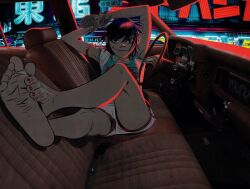 1girls arm_up artbook asian asian_female black_hair car car_interior casual clothed dark_hair eyeshadow feet female foot_fetish foot_focus fully_clothed gorillaz highres human inside_car jamie_hewlett japanese_female noodle_(gorillaz) official_art painted_toenails pale_skin seductive short_hair shorts soles solo solo_female vehicle vehicle_interior wrinkled_feet