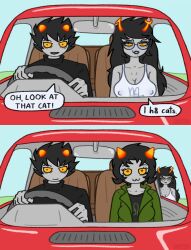 1boy 2girls :3 alien_humanoid angry busty car cleavage comic_page daeartes dark_hair dialogue driving english_text erect_nipples_under_clothes funny glasses grey_body grey_skin homestuck horns in_car karkat_vantas kinda_wholesome large_breasts left_out meme nepeta_leijon non-human smug switching text transparent_clothing transparent_shirt two_panel_image uncensored vriska_serket white_blouse yellow_eyes