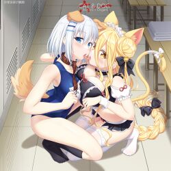 2girls animal_ears blonde_hair breast_press breasts date_a_live fake_animal_ears highres hoshimiya_mukuro large_breasts maid medium_breasts multiple_girls one-piece_swimsuit school_swimsuit swimsuit tail tobiichi_origami tsubasaki white_hair yuri