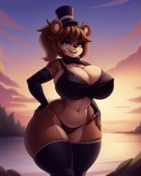 1girls ai_generated anthro anthro_only armwear big_breasts black_armwear blue_eyes breasts brown_fur cleavage clothed clothing curvy fazclaire's_nightclub female female_only five_nights_at_freddy's freddy_(fnaf) fredina fredina's_nightclub fredina_(cally3d) frenni_(cryptia) frenni_fazclaire furry furry_only hat hourglass_figure legwear looking_at_viewer navel open_mouth rocksolidart scottgames smile solo solo_female thick_thighs thighhighs voluptuous wide_hips