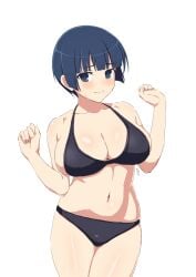 1girls arms_up artist_name bangs bikini blue_eyes blue_hair blunt_bangs cleavage collarbone elun_(llelunlun) eyebrows_visible_through_hair female large_breasts light-skinned_female light_skin looking_at_viewer medium_hair midriff navel senran_kagura simple_background skindentation smile solo standing straight_hair text white_background yozakura_(senran_kagura)