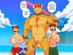 3boys anthro balls beach beefy blush bonfiredemon bowser daddy facial_hair fraternity gay luigi male male_only manly mario mario_(series) moustache nintendo nude outdoors penis scalie shirtless shorts speech_bubble super_mario_bros. sweat sweating verbal