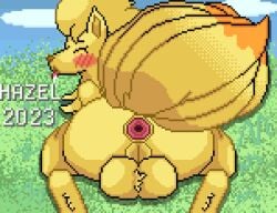 2023 anus ass backsack balls big_balls big_butt blue_sky blush bodily_fluids canid canine cloud dipstick_tail drooling feral fluffy fox fur gaping gaping_anus generation_1_pokemon genitals girly grass hazelninetales hindpaw male mammal markings multi_tail ninetales nintendo orange_body orange_fur paws pixel_art plant pokemon pokemon_(species) rear_view saliva sky solo tail tail_markings tongue tongue_out yellow_body yellow_fur