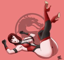 ass cleavage heel_boots heels high_heels laying_down legs legs_up looking_at_viewer mortal_kombat mortal_kombat_11 red_hair skarlet solo