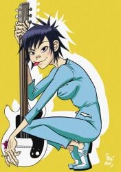 1girls clothing female footwear fully_clothed gorillaz guitar human moni_poni noodle_(gorillaz) noodle_(momentary_bliss) pale_skin sideboob tongue_out