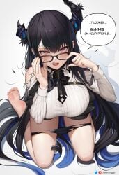 1girls black_hair breasts cleavage english_text female glasses greatodoggo hi_res hololive hololive_english hololive_english_-advent- horns huge_breasts kneeling light-skinned_female light_skin long_hair nerissa_ravencroft penis_size_humiliation text virtual_youtuber