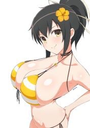 1girls artist_name asuka_(senran_kagura) bangs bikini black_hair elun_(llelunlun) eyebrows_visible_through_hair female flower flower_in_hair front-tie_bikini hair_ornament huge_breasts light-skinned_female light_skin looking_at_viewer medium_hair ponytail senran_kagura side-tie_panties simple_background skindentation smile solo standing stripes text white_background yellow_eyes