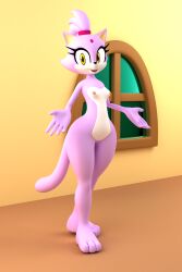 2023 3_toes 3d 5_fingers anthro argos90 blaze_the_cat breasts digital_media domestic_cat eyelashes fangs feet felid feline felis fingers forehead_jewel fur furry mammal nipples nude open_mouth open_smile ponytail purple_body purple_fur purple_hair sega small_breasts smile solo sonic_(series) sonic_the_hedgehog_(series) toes white_body white_fur