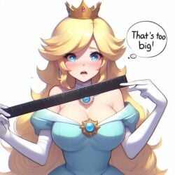 1girls ai_generated blonde_hair blue_dress blue_eyes breasts cleavage clothing cock_shock crown dress elbow_gloves english_text female female_only gloves long_hair mario_(series) measuring nervous nintendo open_mouth princess_rosalina ruler simple_background solo text thought_bubble white_background